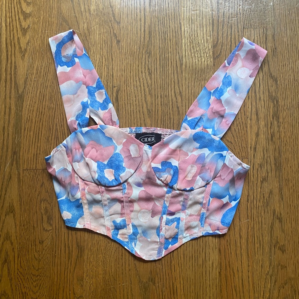 CIDER pink and blue floral corset top